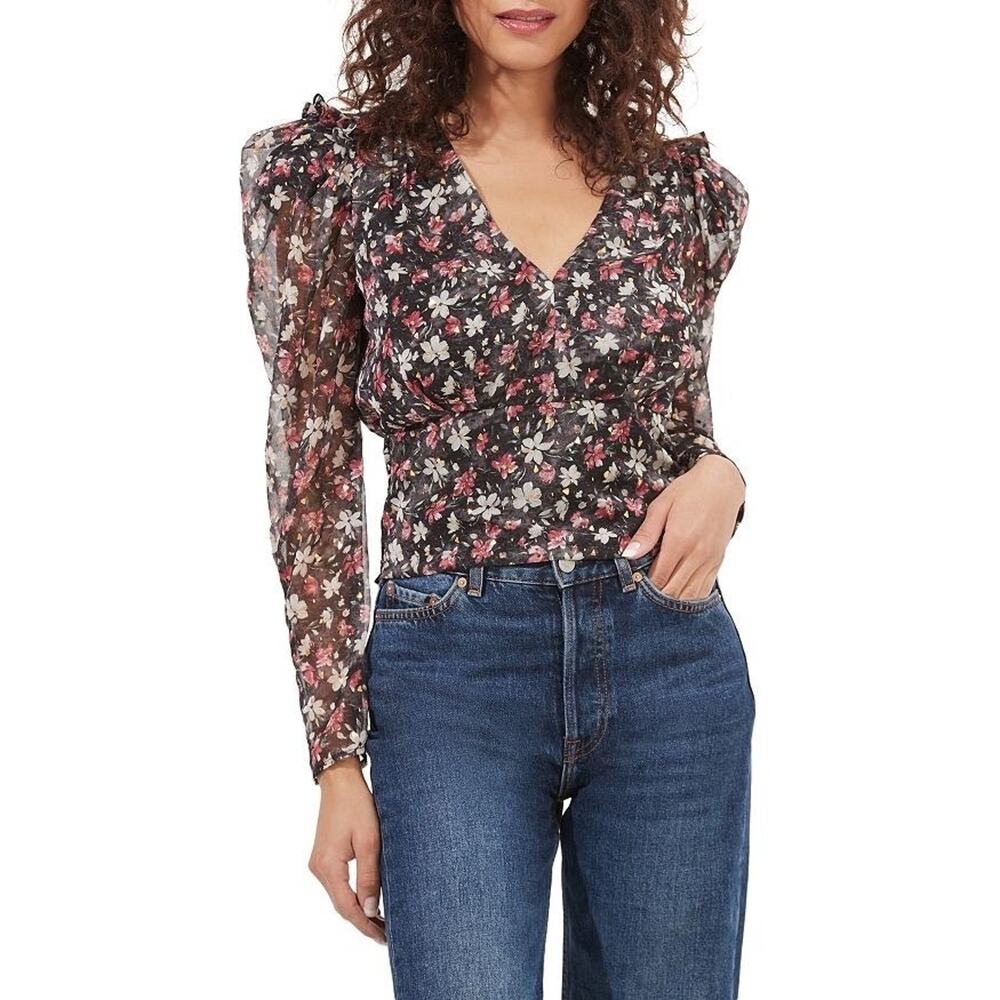 ASTR the Label Beverly Printed Puff Sleeve Top Blouse Black Red Ditsy Size M